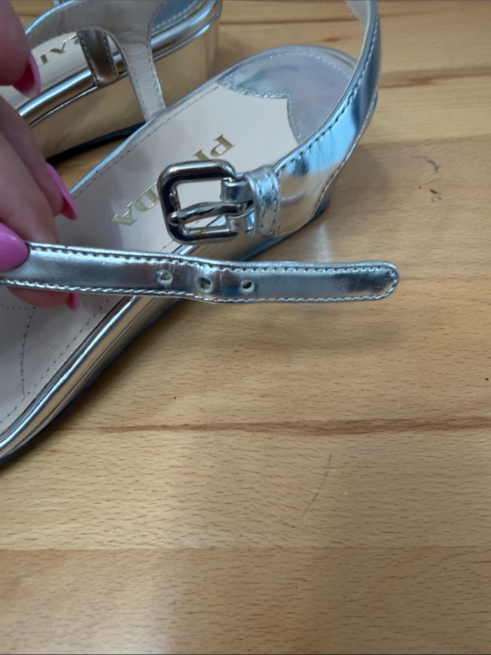 Prada Metallic Silver T-Strap Logo Sandals - Picture 5 of 15